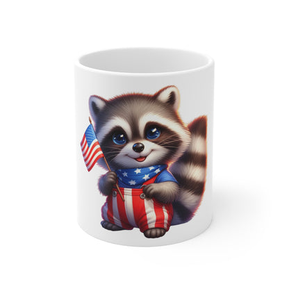 Cute Patriotic Raccoon Coffee Mug – American Flag Raccoon Mug – Red White Blue Animal Cup – Adorable USA Gift Mug 11oz