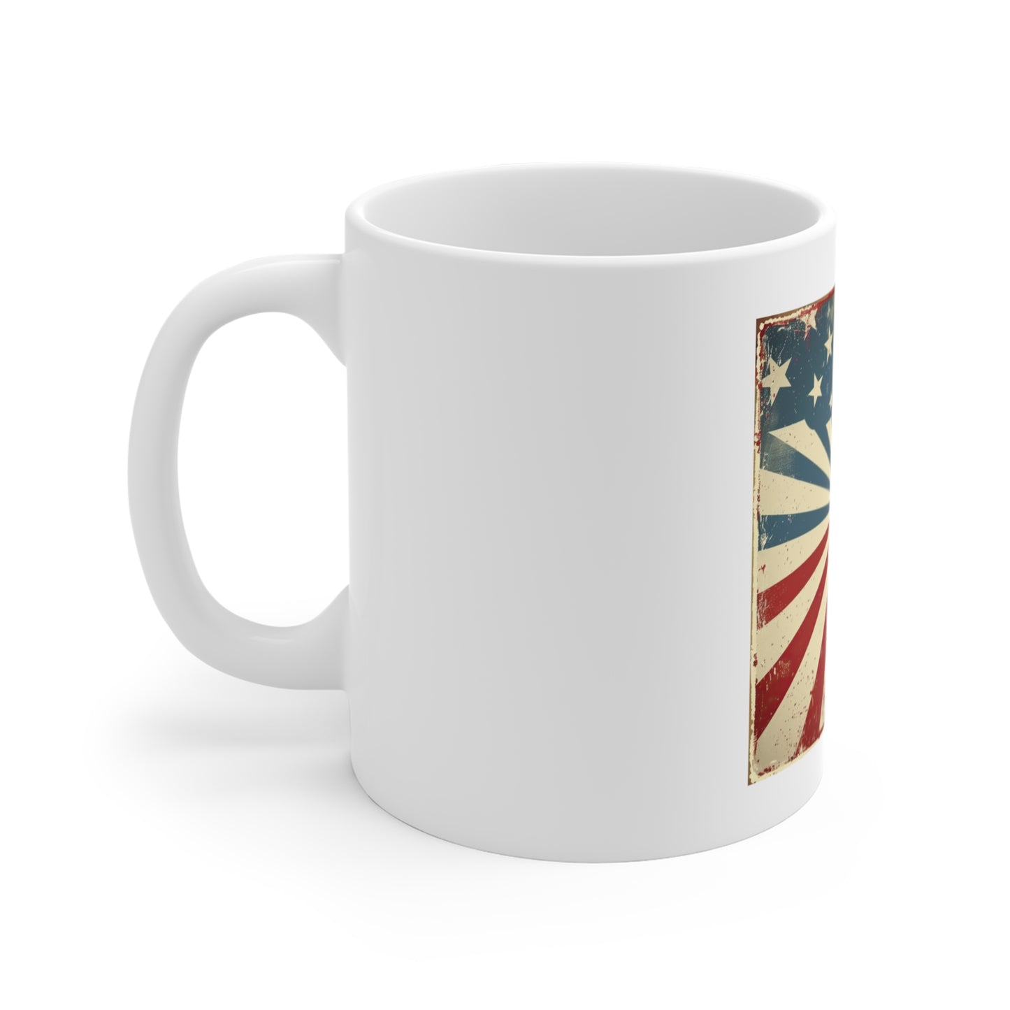 Retro American Flag Coffee Mug – Vintage Sunburst USA Mug – Patriotic 11oz Ceramic Cup – Unique Americana Gift