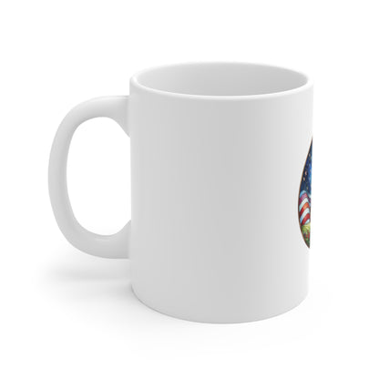 Stained Glass Patriotic Barn Mug – Americana Farmhouse Coffee Mug – Red White Blue Country Art Cup – Rustic USA Gift Mug 11oz