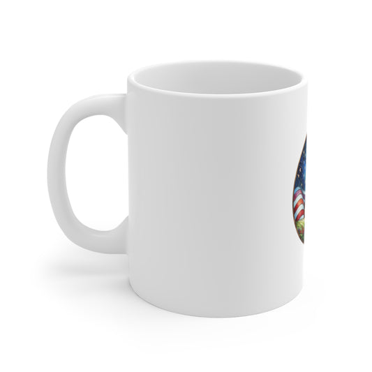 Stained Glass Patriotic Barn Mug – Americana Farmhouse Coffee Mug – Red White Blue Country Art Cup – Rustic USA Gift Mug 11oz