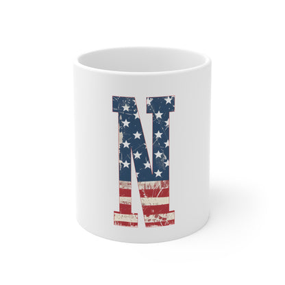 Patriotic Letter N Coffee Mug – American Flag Initial Mug – Vintage USA Monogram Mug – Rustic Americana Alphabet Gift Mug 11oz