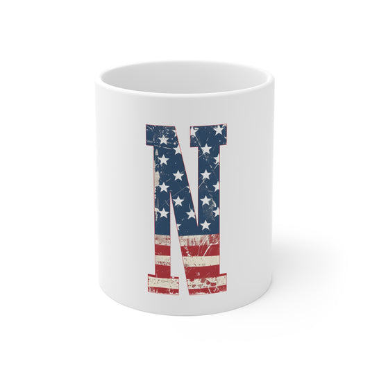 Patriotic Letter N Coffee Mug – American Flag Initial Mug – Vintage USA Monogram Mug – Rustic Americana Alphabet Gift Mug 11oz