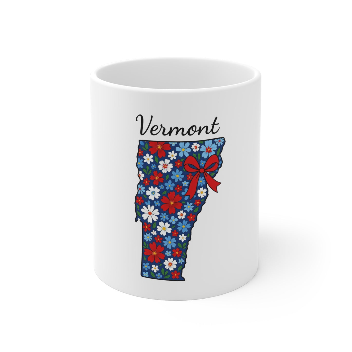 Vermont Floral State Shape Mug — 11oz Patriotic Red & Blue Flower Gift