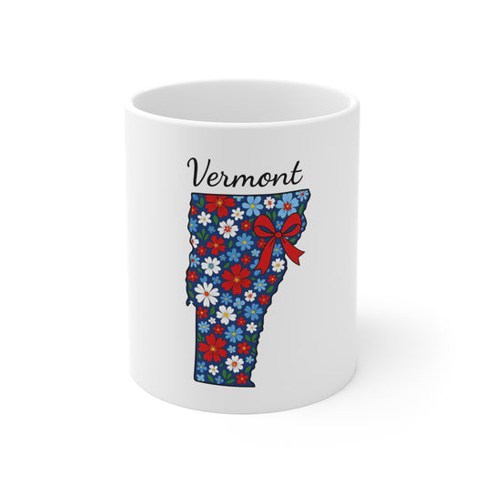 Vermont Floral State Shape Mug — 11oz Patriotic Red & Blue Flower Gift