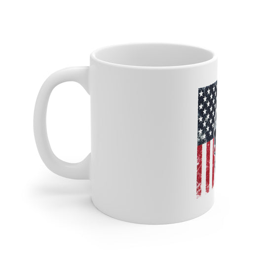 American Flag Skull & Torn Banner Mug – Patriotic Skull Coffee Cup – Distressed USA Freedom Flag Design Mug 11oz