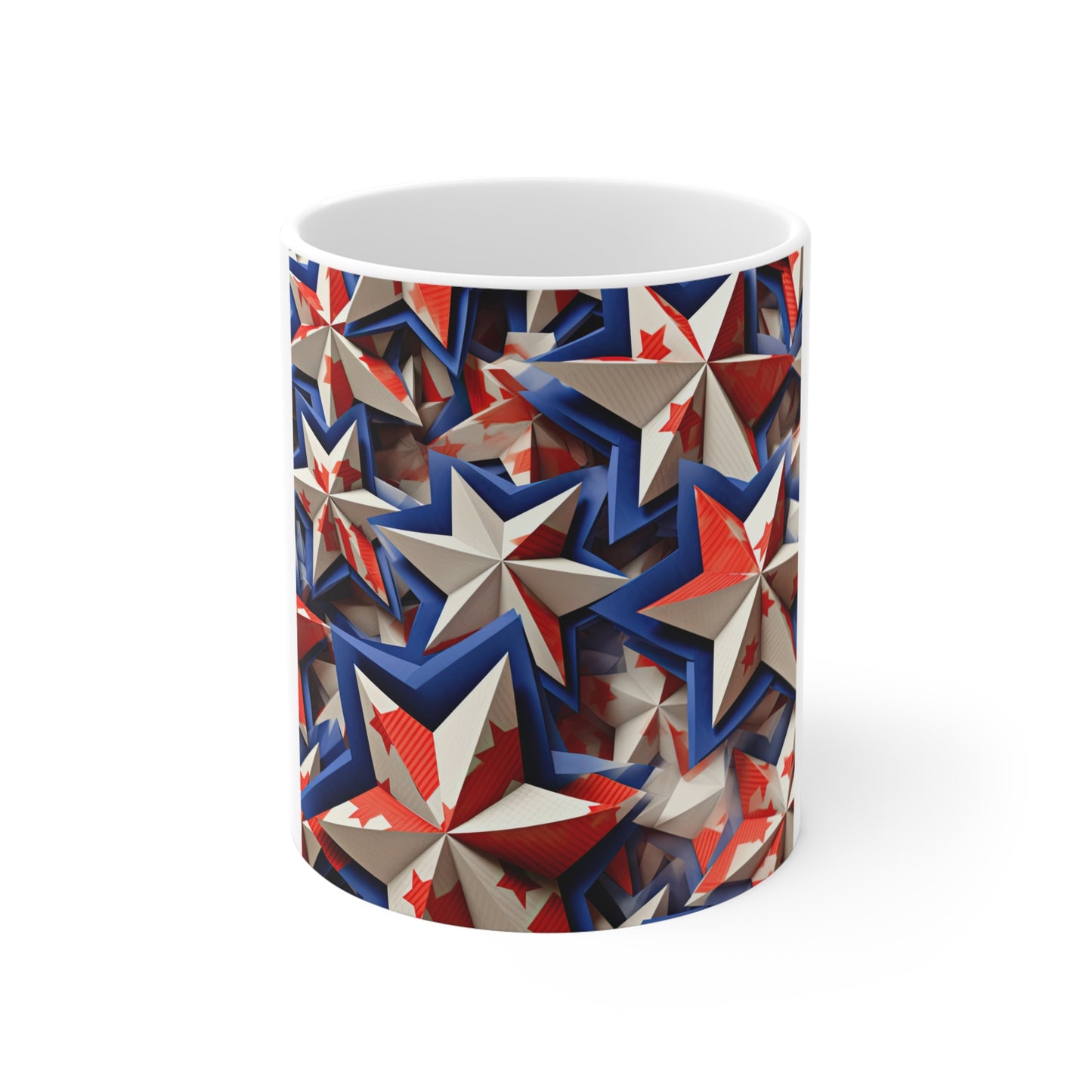 3D Patriotic Star Stack Coffee Mug – Layered Red White Blue Starburst Mug – Bold Americana Geometric Star Design – USA Stars Mug 11oz