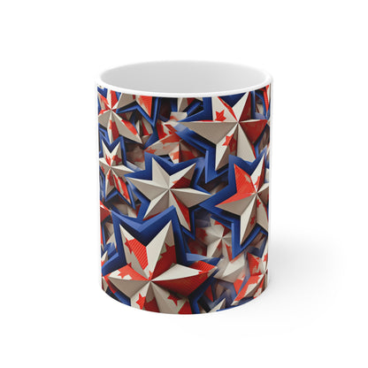 3D Patriotic Star Stack Coffee Mug – Layered Red White Blue Starburst Mug – Bold Americana Geometric Star Design – USA Stars Mug 11oz