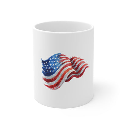 American Flag Mug – Hand-Painted Waving Stars & Stripes 11oz, Patriotic Coffee Cup for Fourth of July & Veterans