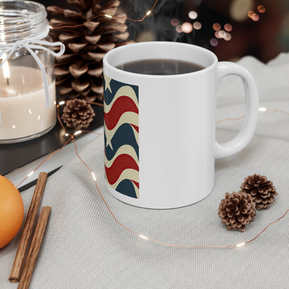 Bold Wave Americana Coffee Mug – Retro Patriotic Stripe Mug – Red White Blue Flow Pattern Cup – Modern USA Flag Inspired Mug Retro Wavy American Flag Mug – Patriotic 11oz Coffee Cup