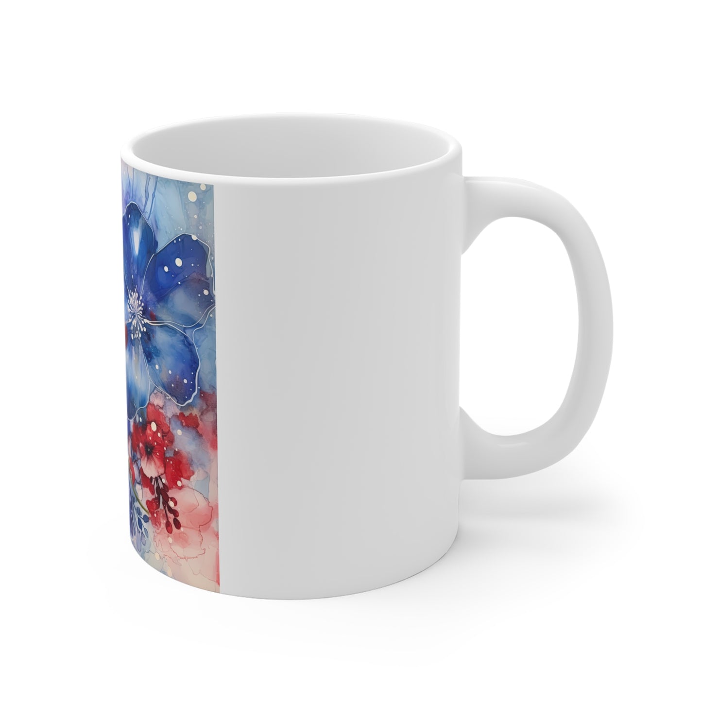 Patriotic Floral Watercolor Coffee Mug – Blue Red Botanical Mug – Soft Americana Flower Cup – Elegant Artistic Gift Mug Blue & Red Watercolor Floral Mug - 11oz Artistic Spring Coffee Cup