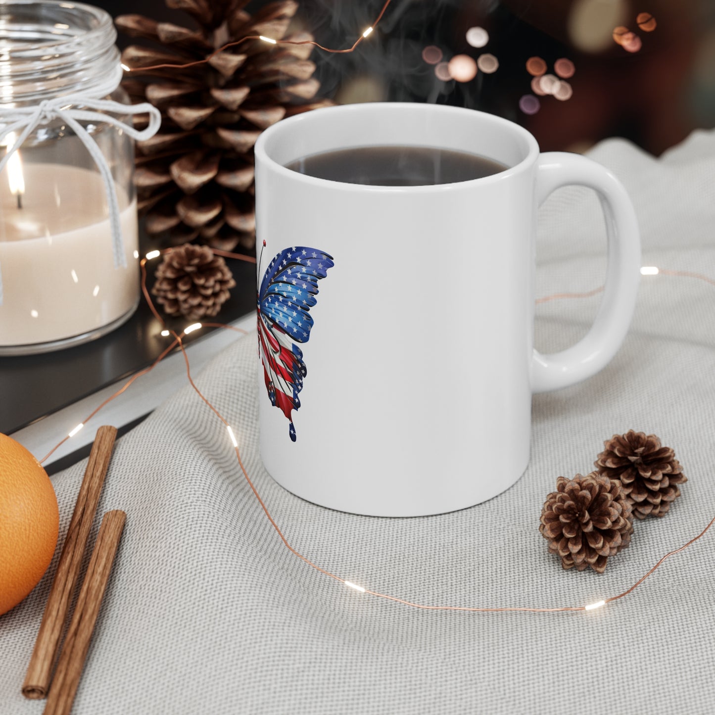 Dynamic American Flag Butterfly Mug – Flowing Patriotic Butterfly Coffee Mug – Red White Blue Motion Wing Design – USA Statement Gift Patriotic Butterfly Mug - American Flag 11oz Coffee Cup