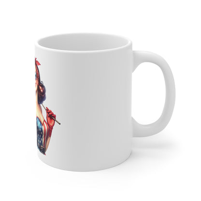 Patriotic Pin Up Woman with Flag Mug – Vintage USA Retro Coffee Mug – American Flag Girl Cup – 4th of July Gift – Bold Americana Mug Patriotic Pinup Girl Coffee Mug — 11oz Vintage American Flag Tea...
