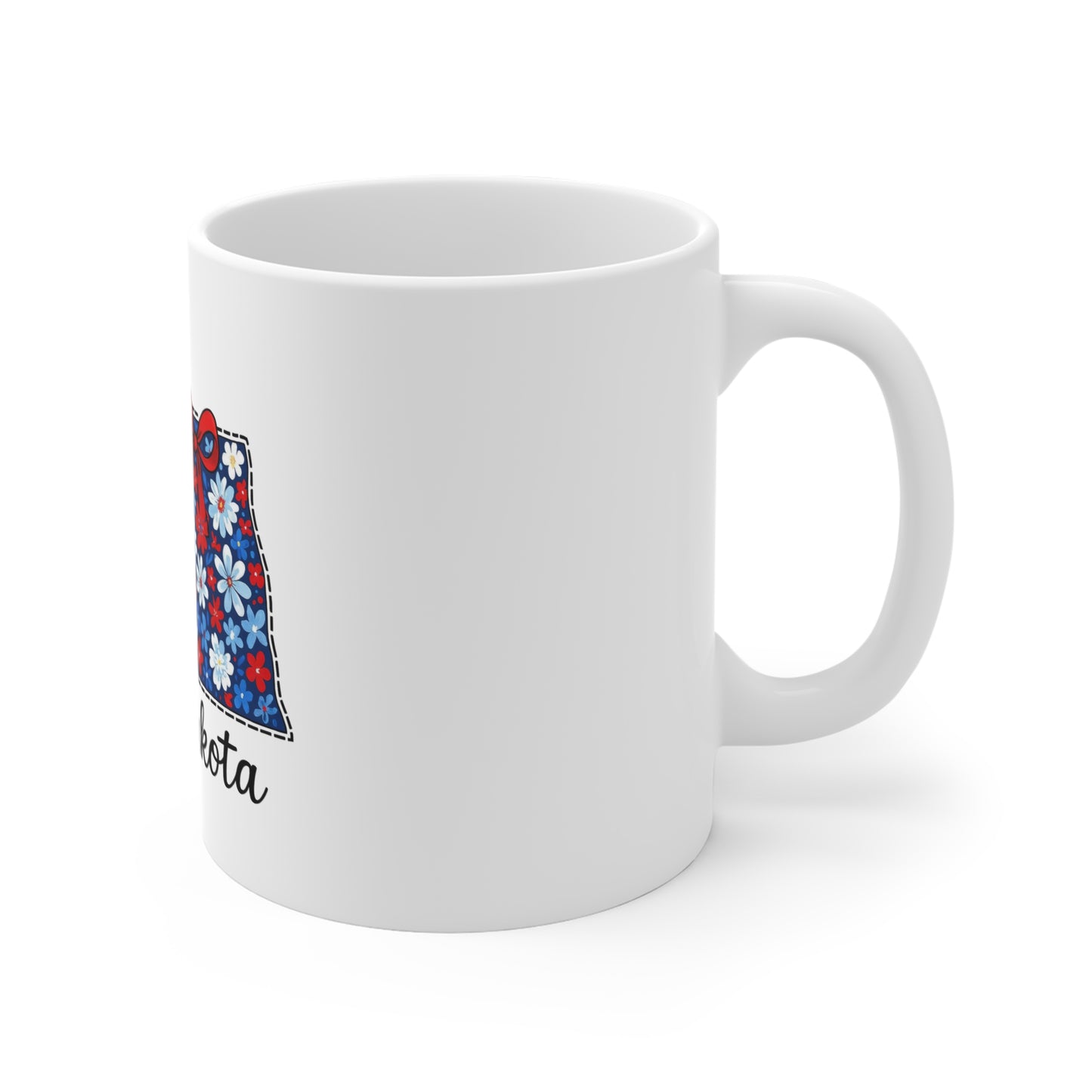 North Dakota Floral State Map Mug — 11oz Red & Blue Daisy Coffee Cup