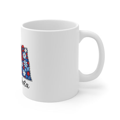 North Dakota Floral State Map Mug — 11oz Red & Blue Daisy Coffee Cup