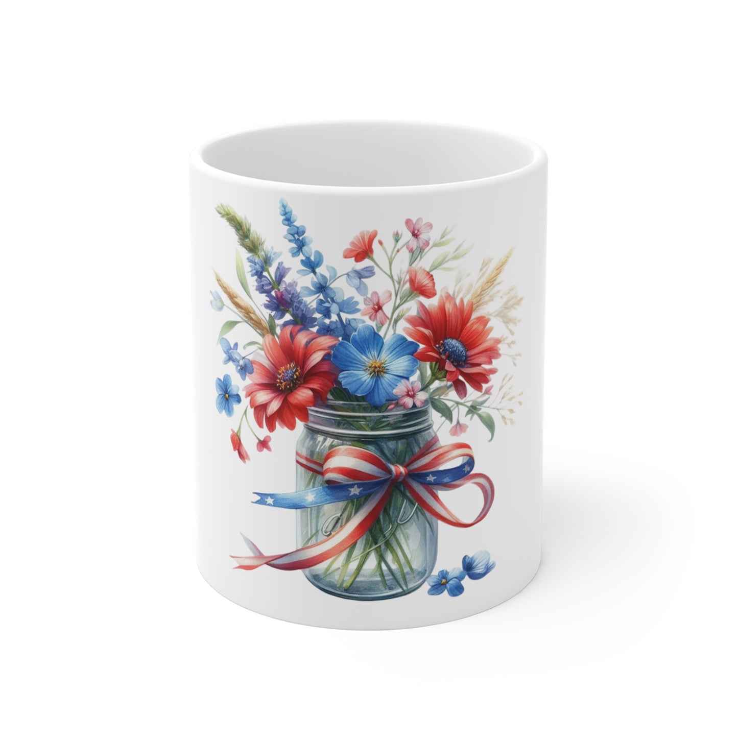 Patriotic Wildflower Ribbon Mason Jar Coffee Mug – Red White Blue Floral Bouquet Mug – Americana Garden Flowers Cup – Rustic Gift Mug Patriotic Wildflower Jar Mug – Red White Blue Floral Coffee Cup (...