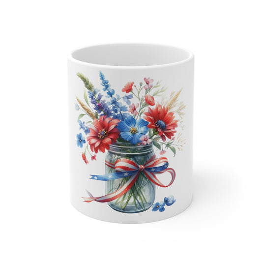 Patriotic Wildflower Ribbon Mason Jar Coffee Mug – Red White Blue Floral Bouquet Mug – Americana Garden Flowers Cup – Rustic Gift Mug Patriotic Wildflower Jar Mug – Red White Blue Floral Coffee Cup (...