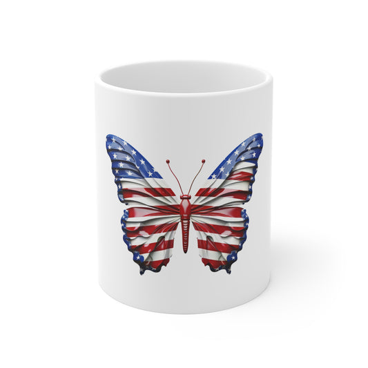 Flowing American Flag Butterfly Mug – Classic Patriotic Butterfly Coffee Mug – Red White Blue Wave Wing Design – USA Gift Patriotic American Flag Butterfly Mug — 11oz USA Pride Coffee Cup