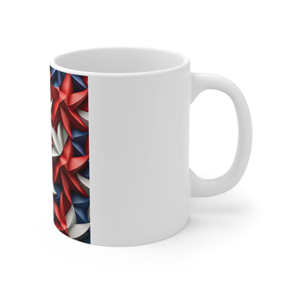 3D Patriotic Pinwheel Star Coffee Mug – Red White Blue Spiral Star Mug – Modern Americana Geometric Mug – Dynamic USA Star Design 11oz