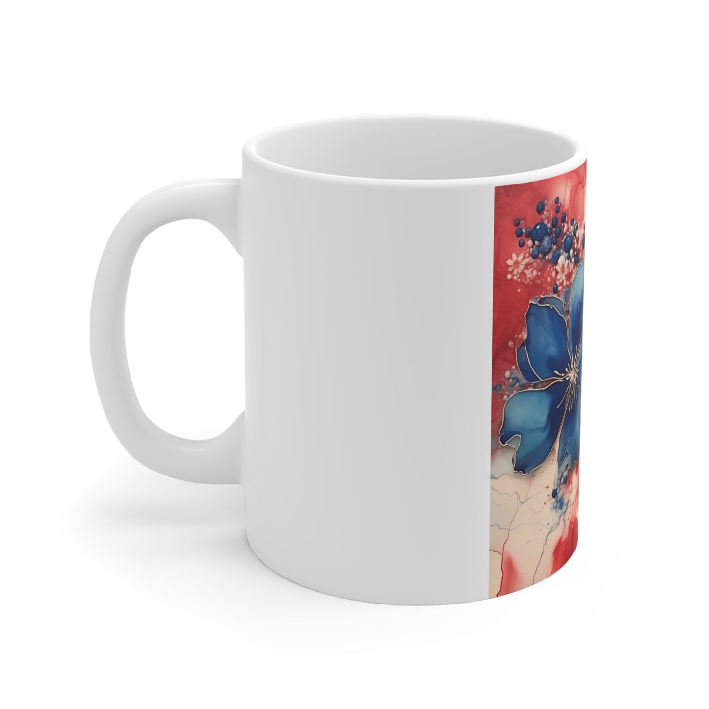 Patriotic Red Blue Floral Coffee Mug – Elegant Americana Flower Mug – Watercolor Botanical Art Cup – Premium Gift Mug Patriotic Red & Blue Floral Ceramic Mug – 11oz Coffee Cup