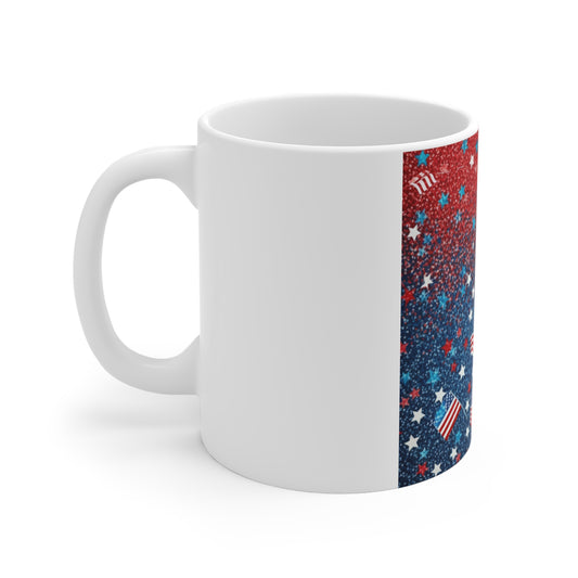 Patriotic Confetti Flag Coffee Mug – Red White Blue Glitter Mug – Mini American Flags Starburst Cup – Festive USA Celebration Mug 11oz Mug - Patriotic Red White Blue Confetti with American Flags (...