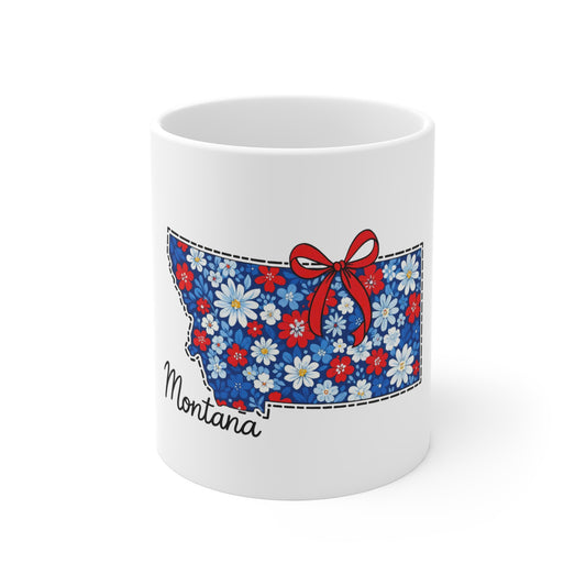 Montana Floral State Mug — Blue & Red Daisy 11oz Coffee Cup