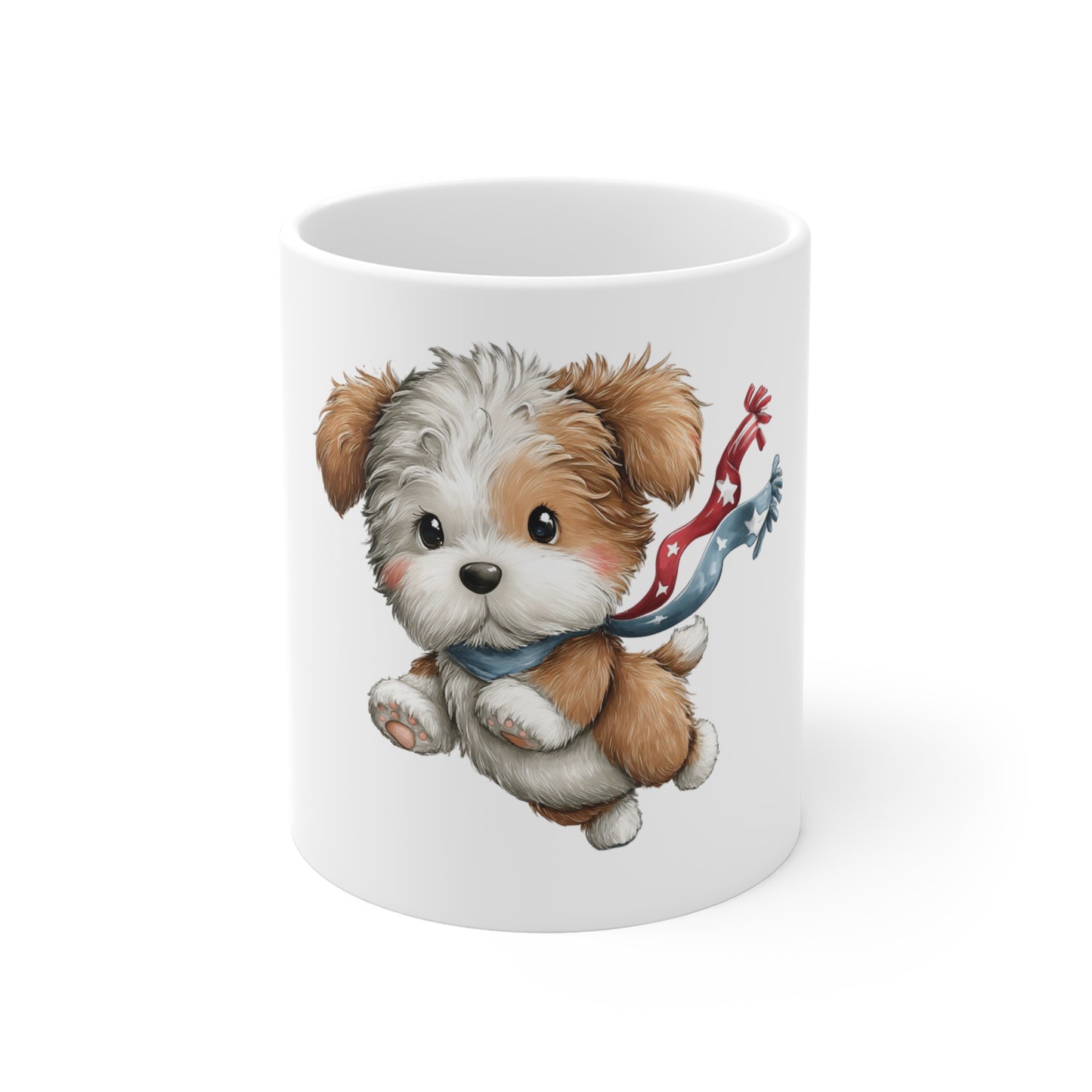 Cute Patriotic Puppy Running Mug – 4th of July Dog Coffee Mug – Americana Puppy Scarf Cup – Red White Blue Pet Lover Gift Cute Patriotic Puppy Mug — 11oz Ceramic Coffee Cup