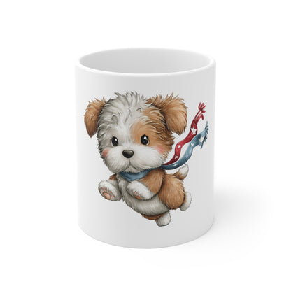 Cute Patriotic Puppy Running Mug – 4th of July Dog Coffee Mug – Americana Puppy Scarf Cup – Red White Blue Pet Lover Gift Cute Patriotic Puppy Mug — 11oz Ceramic Coffee Cup