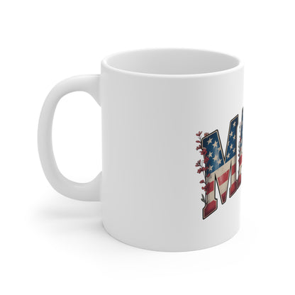 Mama Patriotic 11oz Mug — American Flag Floral "MAMA" Coffee Cup