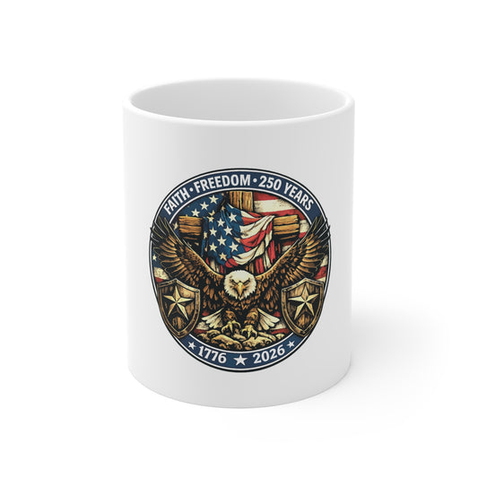11oz Mug — Patriotic Eagle 'Faith • Freedom • 250 Years' 1776–2026 Anniversary Coffee Cup