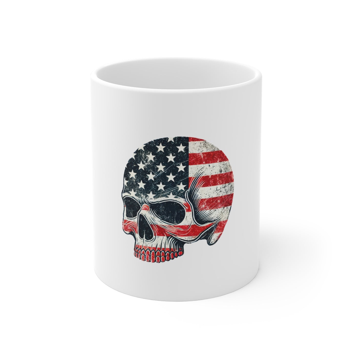 American Flag Skull Coffee Mug – Patriotic 11oz Ceramic Gift for Veterans & Fourth of July