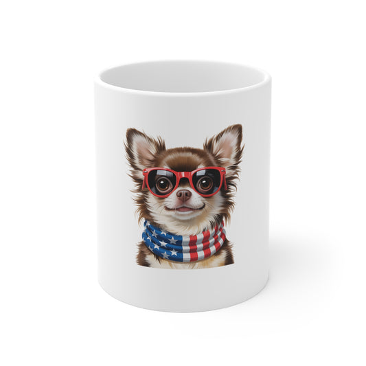 Patriotic Chihuahua Coffee Mug — Dog with American Flag Scarf & Red Glasses (11oz)