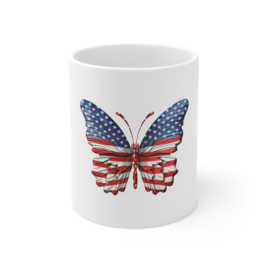 Layered American Flag Butterfly Coffee Mug – Dimensional Patriotic Wings Mug – Red White Blue USA Freedom Cup American Flag Butterfly Mug - Patriotic 11oz Coffee Cup