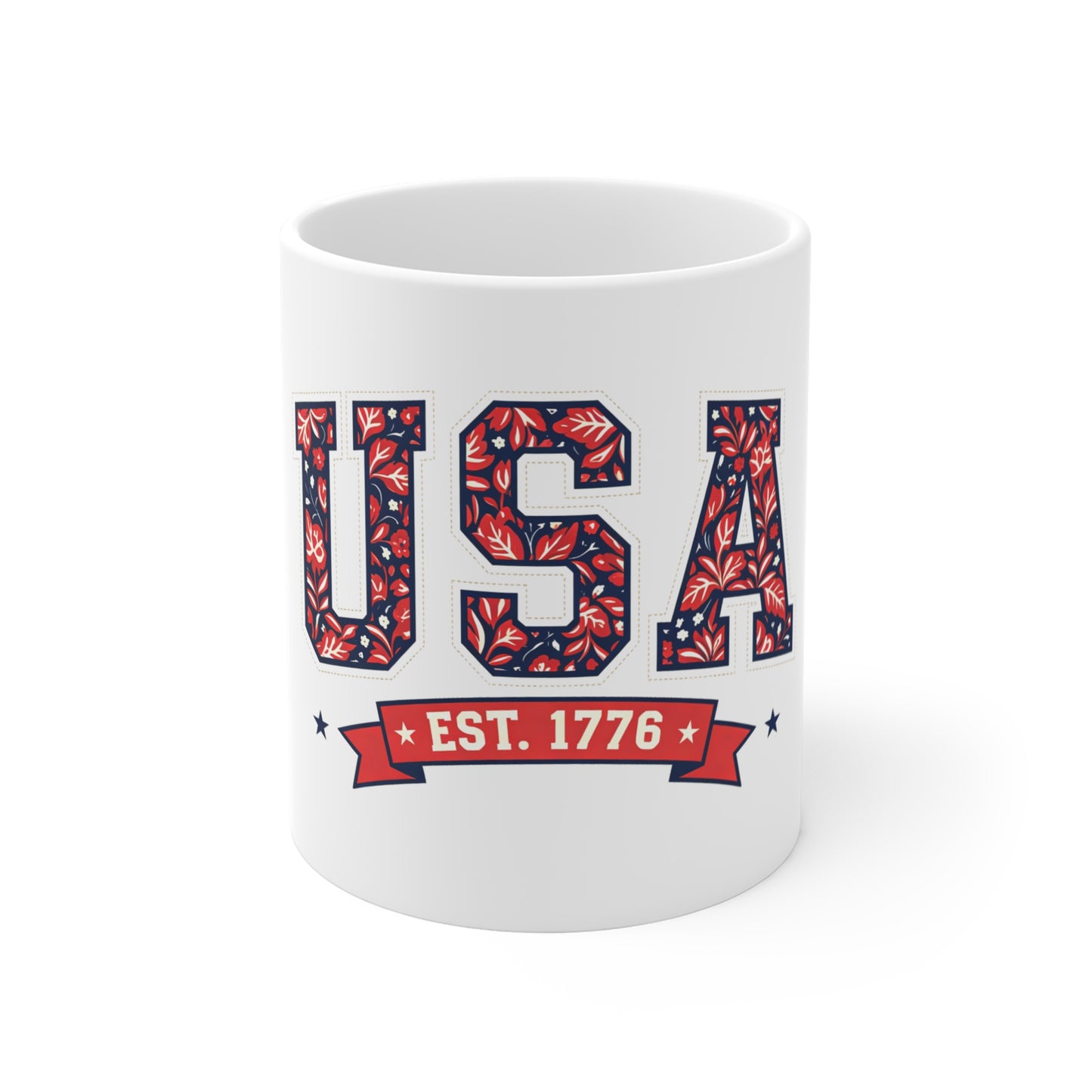 USA Est. 1776 Ceramic Mug — Patriotic American Flag Floral Design