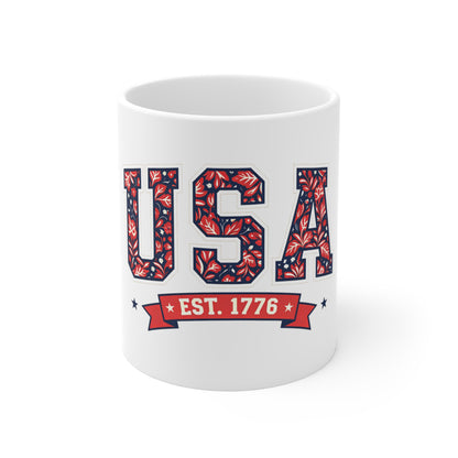 USA Est. 1776 Ceramic Mug — Patriotic American Flag Floral Design