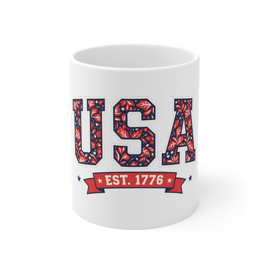 USA Est. 1776 Ceramic Mug — Patriotic American Flag Floral Design