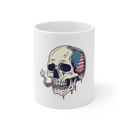 11oz Skull Mug with American Flag Brain — Patriotic Smoking Skull Coffee Cup