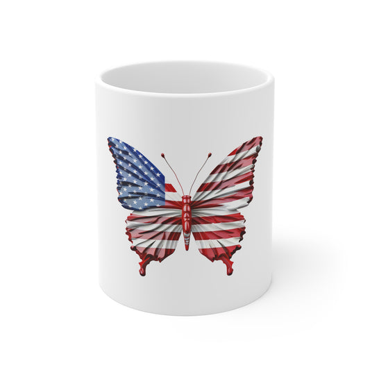 American Flag Butterfly Coffee Mug – Bold Patriotic Butterfly Mug – Red White Blue USA Wing Design – Striking Americana Gift Mug 11oz
