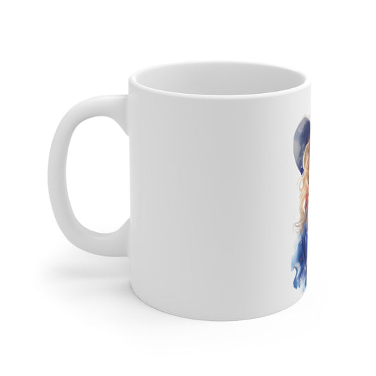 Patriotic Watercolor Woman Mug – Elegant Americana Lady Coffee Mug – Red White Blue Hat Art Cup – Soft Vintage Style Mug – Gift for Her Cowgirl Portrait Coffee Mug — Patriotic Blonde Western Art 11oz...