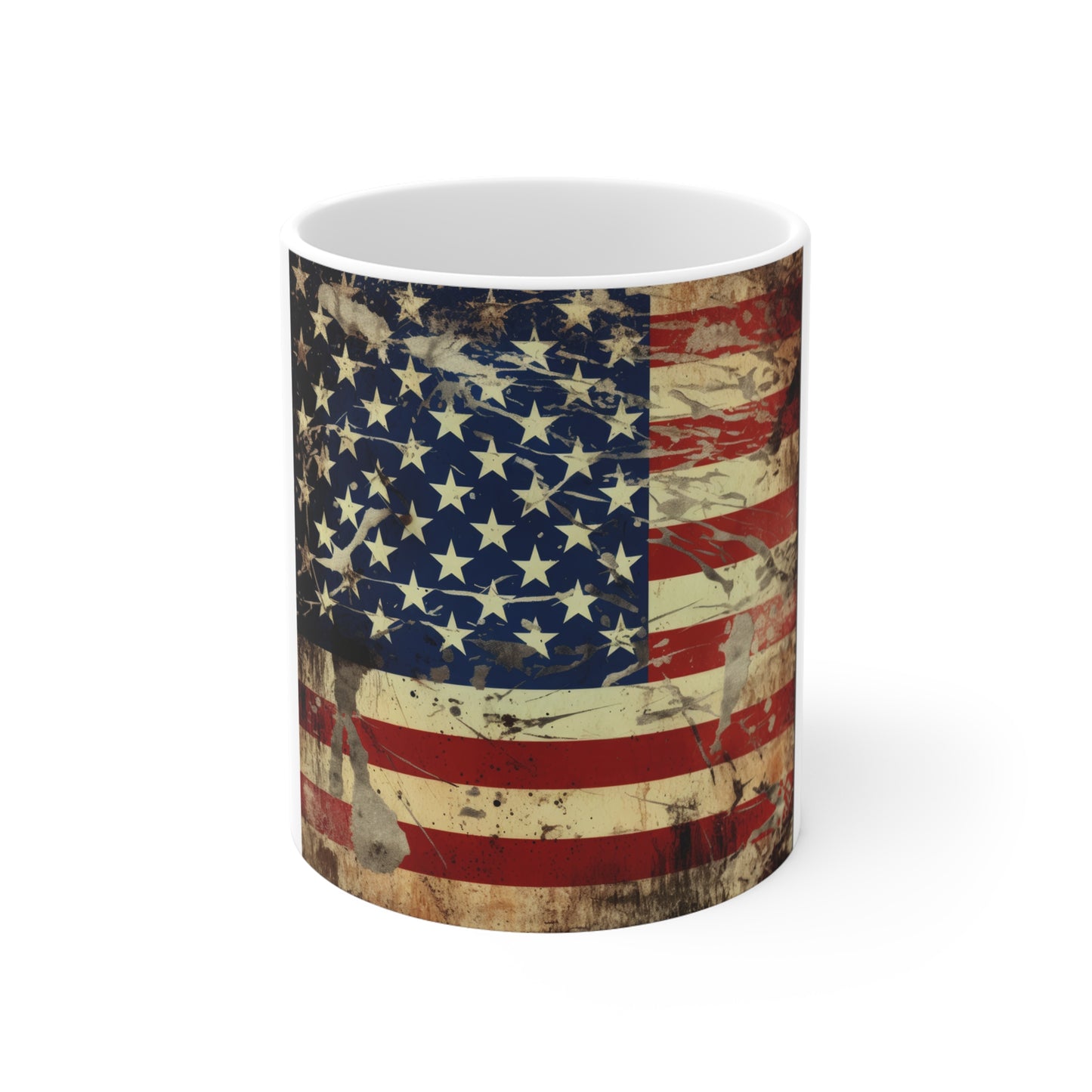 Scratched Grunge American Flag Coffee Mug – Rugged Distressed USA Flag Mug – Vintage Worn Patriotic Mug – Raw Americana Gift 11oz