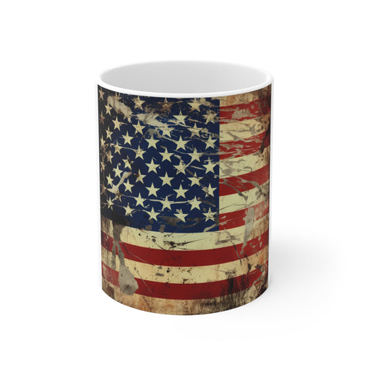 Scratched Grunge American Flag Coffee Mug – Rugged Distressed USA Flag Mug – Vintage Worn Patriotic Mug – Raw Americana Gift 11oz