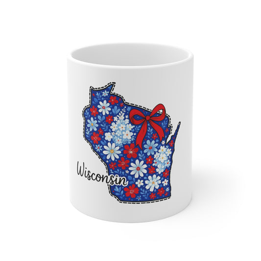 Wisconsin Floral State Mug — 11oz Patriotic Red, White & Blue Coffee Cup