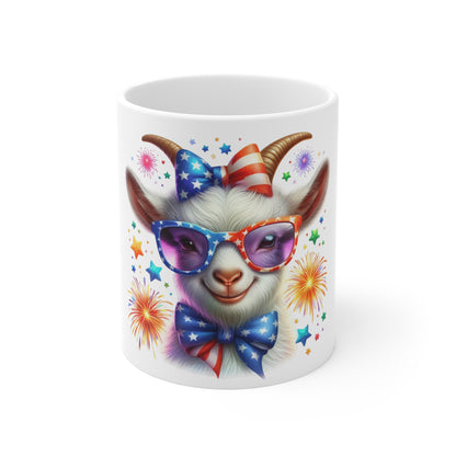 Cute Patriotic Goat Coffee Mug – Red White Blue Goat Mug – Fireworks Animal Cup – Funny Americana Gift Mug 11oz