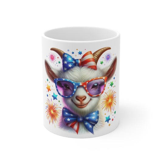 Cute Patriotic Goat Coffee Mug – Red White Blue Goat Mug – Fireworks Animal Cup – Funny Americana Gift Mug 11oz