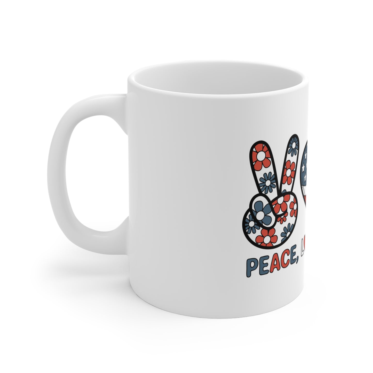 11oz Mug — Peace, Love, America Patriotic Flag Design (Fourth of July Coffee Cup)