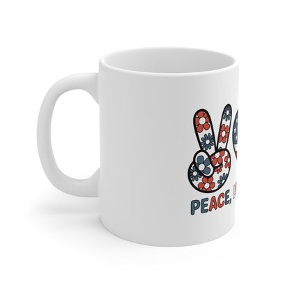 11oz Mug — Peace, Love, America Patriotic Flag Design (Fourth of July Coffee Cup)