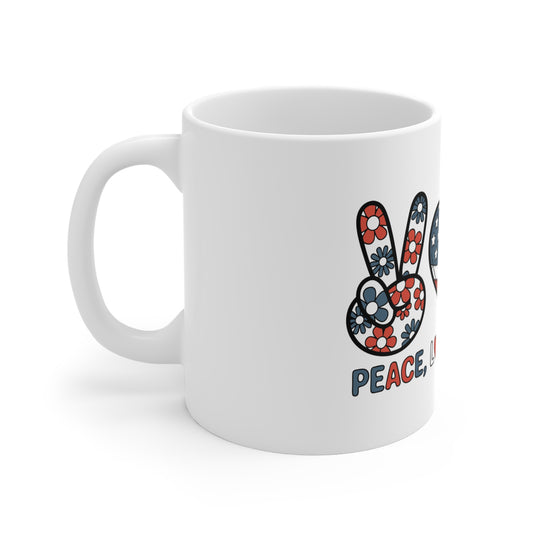 11oz Mug — Peace, Love, America Patriotic Flag Design (Fourth of July Coffee Cup)