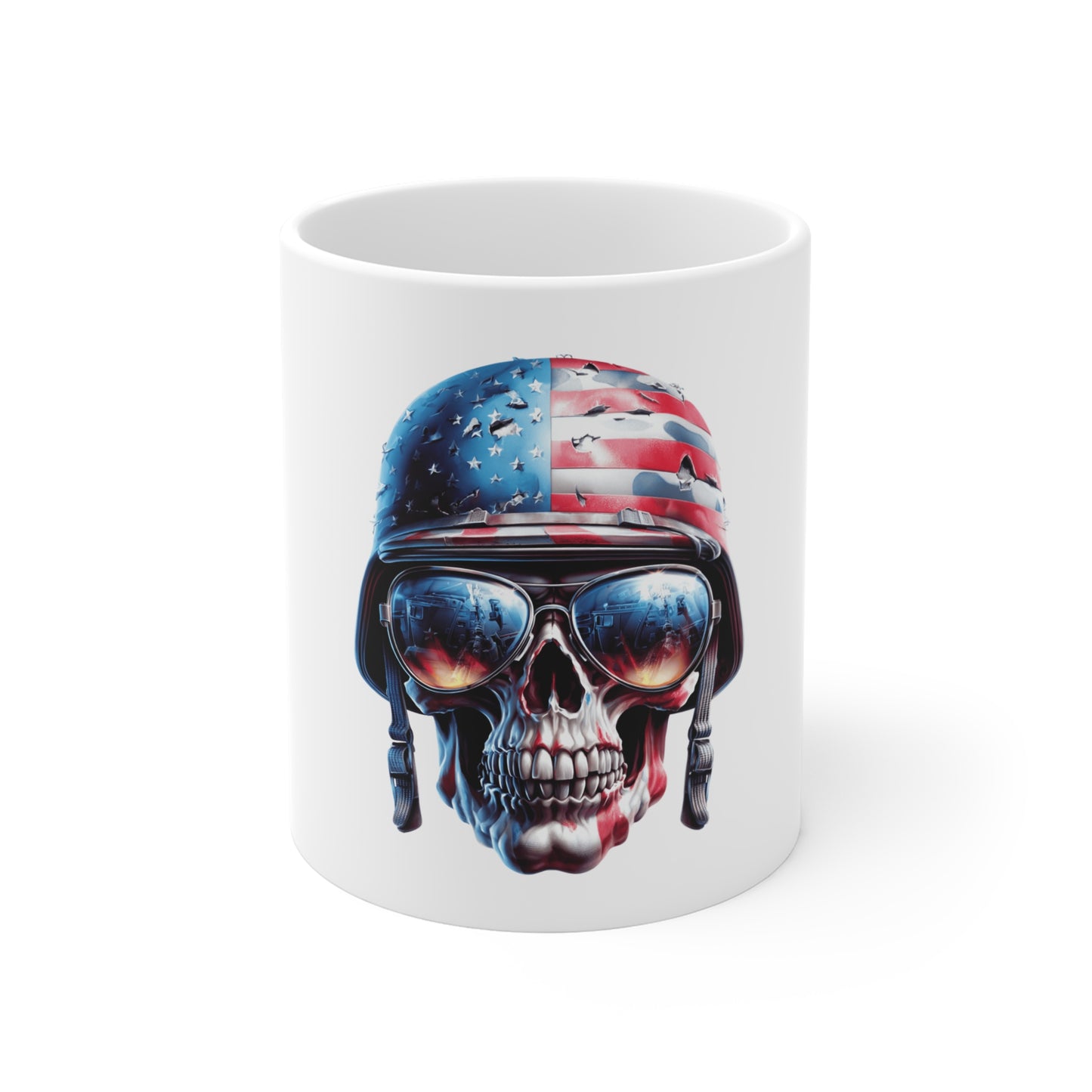 Patriotic Skull Glitch Coffee Mug – American Flag Skull Fragment Design – Modern USA Digital Art Mug – Bold Statement Cup Mug 11oz