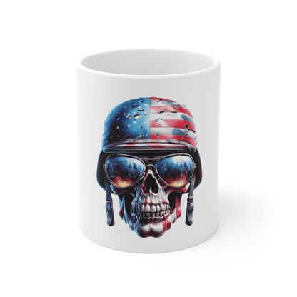 Patriotic Skull Glitch Coffee Mug – American Flag Skull Fragment Design – Modern USA Digital Art Mug – Bold Statement Cup Mug 11oz