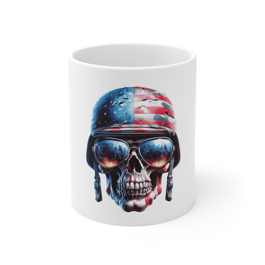 Patriotic Skull Glitch Coffee Mug – American Flag Skull Fragment Design – Modern USA Digital Art Mug – Bold Statement Cup Mug 11oz