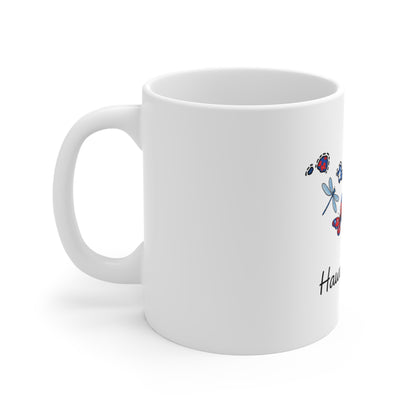 Hawaii Floral Map Mug — 11oz Ceramic Coffee Cup with Red Bow & Island Flowers